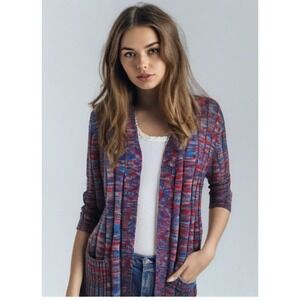 70s Zayre Sweater Womens Size Medium Cardigan Blue Open Front Pockets Ribbed EUC